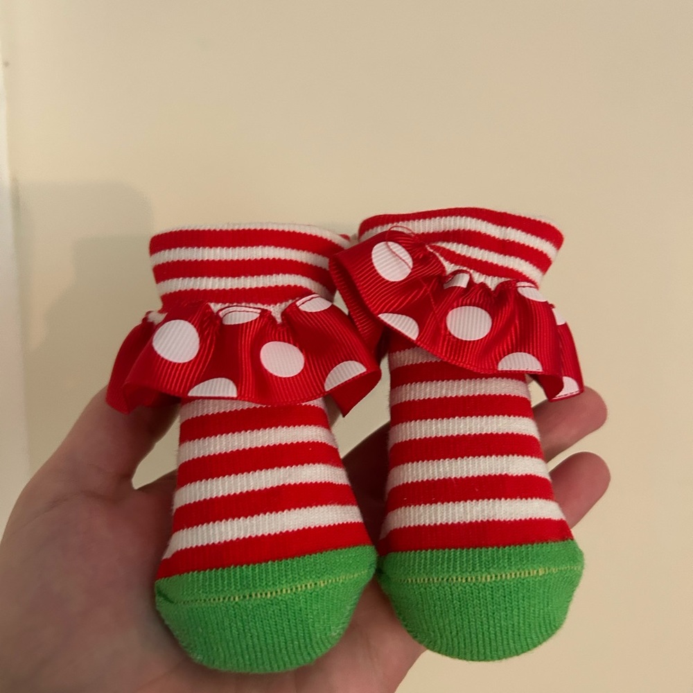 Red and Green Striped Baby Bootie Socks with Polka Dot Ruffle Christmas New